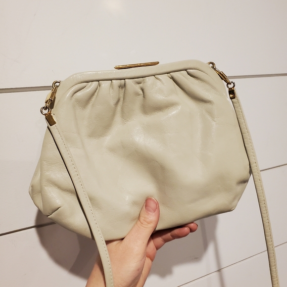 Vintage leather mini purse jane shilton small crossbody bag art deco cream gold - Picture 4 of 16